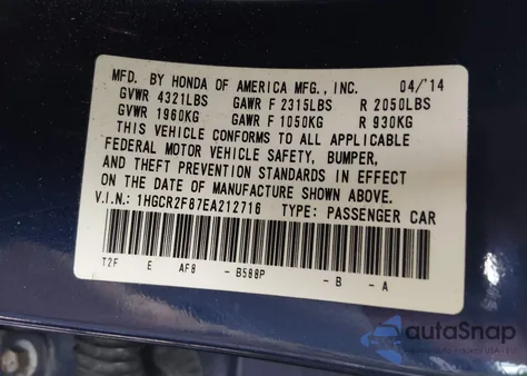 2014 Honda Accord Ex-L from USA, damaged, VIN 1HGCR2F87EA212716
